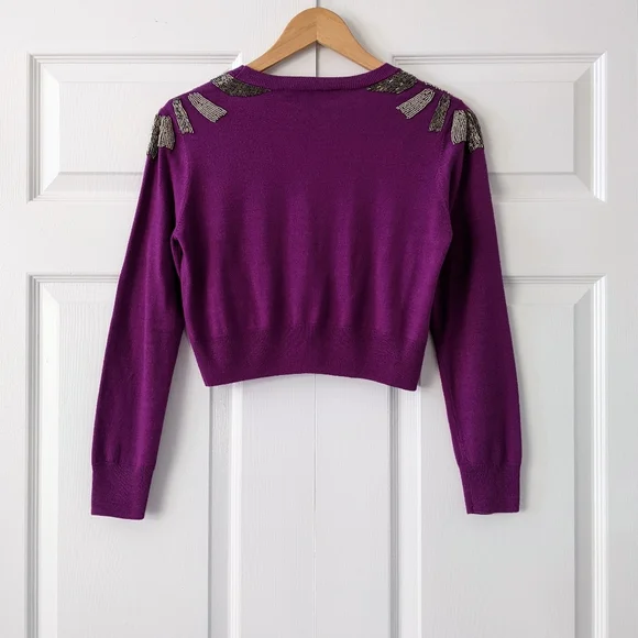 Marc Jacobs Y2K Beaded Fuchsia Wool Blend Cropped Cardigan Sweater | Size S/M* - Picture 3 of 13